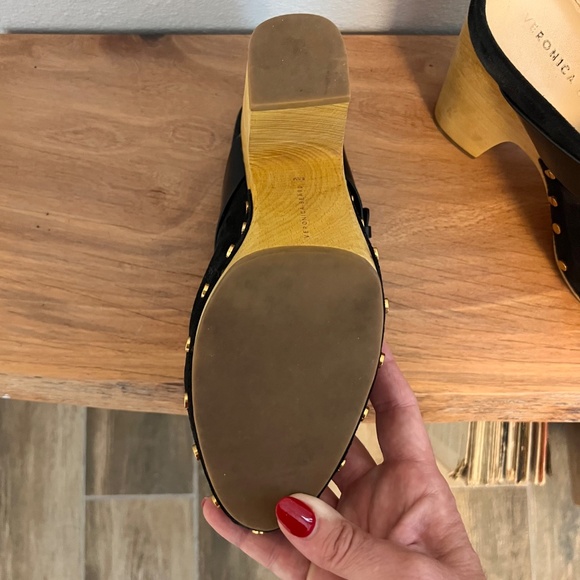 Veronica Beard Black Suede Mules with Tan Wooden Heels - Picture 7 of 8